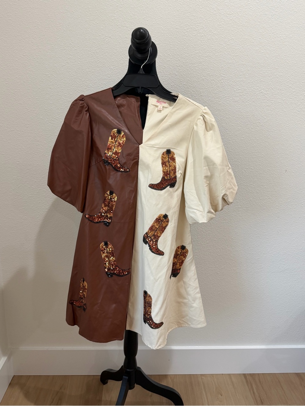 Peach Love California Brown and Cream Two-Tone Boot Appliqué Mini Dress - Picture 2 of 9
